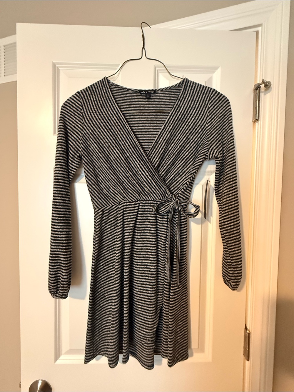 As U Wish Black and White Striped Long Sleeve Wrap Dress